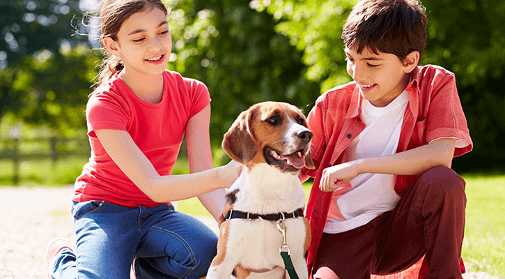 Brother and sister petting their dog outside.